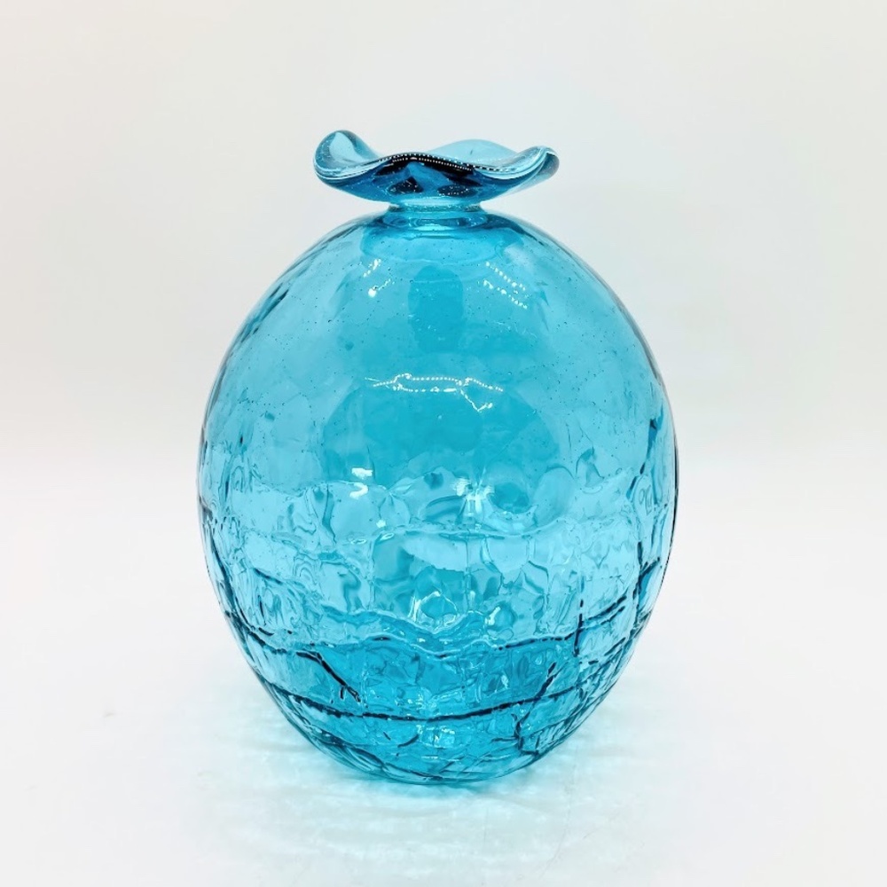 Vintage Blown Art Crackle Glass Style Blue Bud Vase Weed Pot by White Elk 1997
